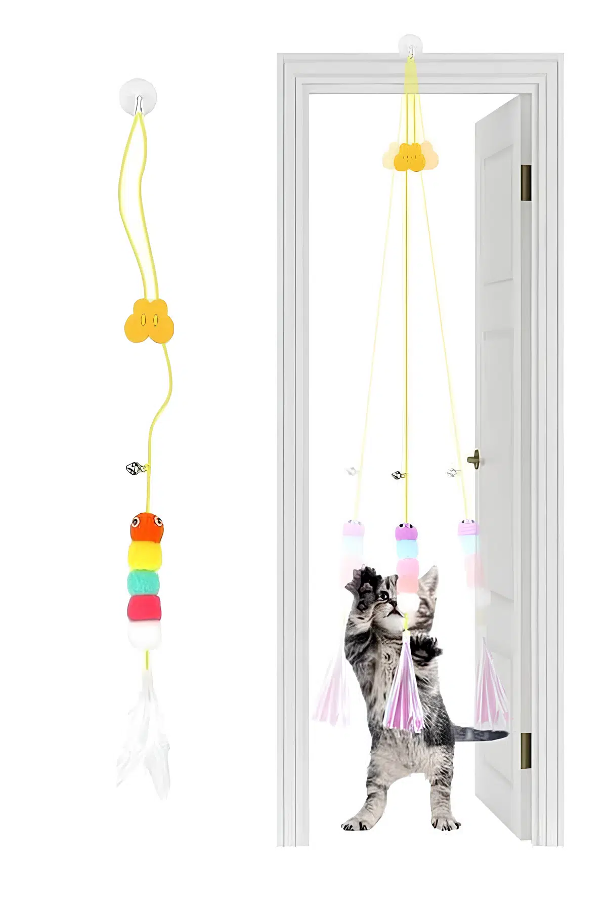 Çıngıraklı Kedi Oyuncağı Yapışkanlı Kedi Oyun Oltası Renkli Ponponlu Oyuncak Zıplayan Top