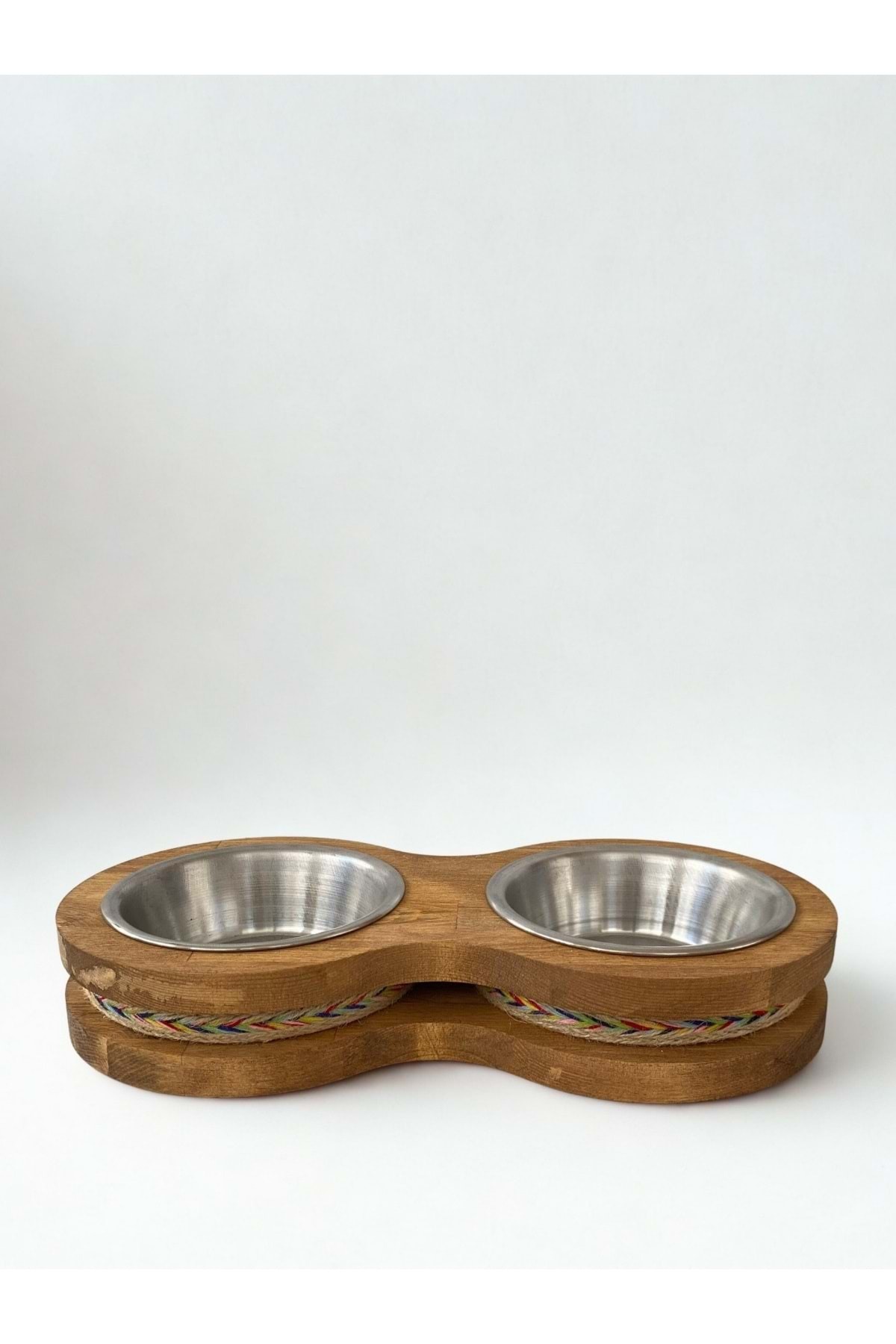 Doğal Ahşap Mama Veya Su Kabı İkili Jut Koyu Renkli