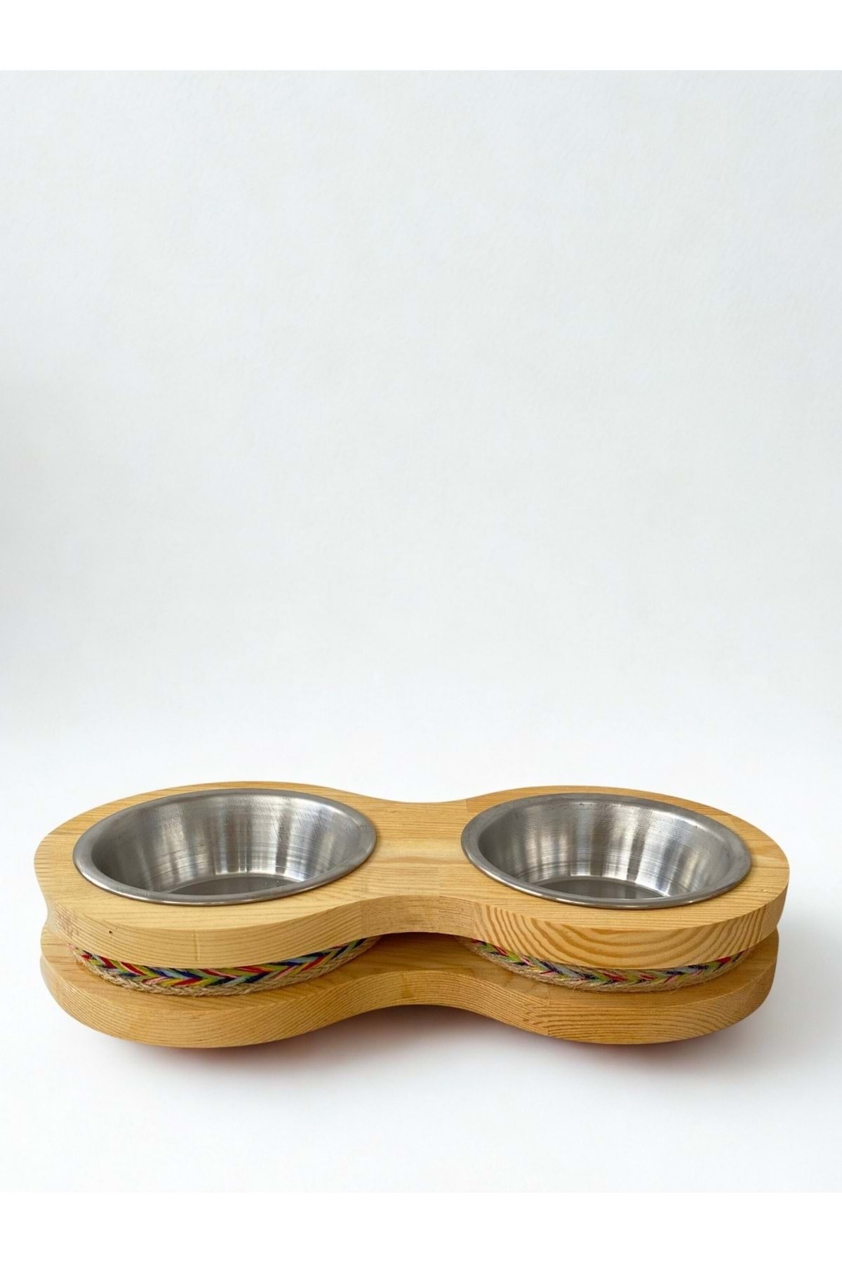Doğal Ahşap Mama Veya Su Kabı İkili Jut Renkli