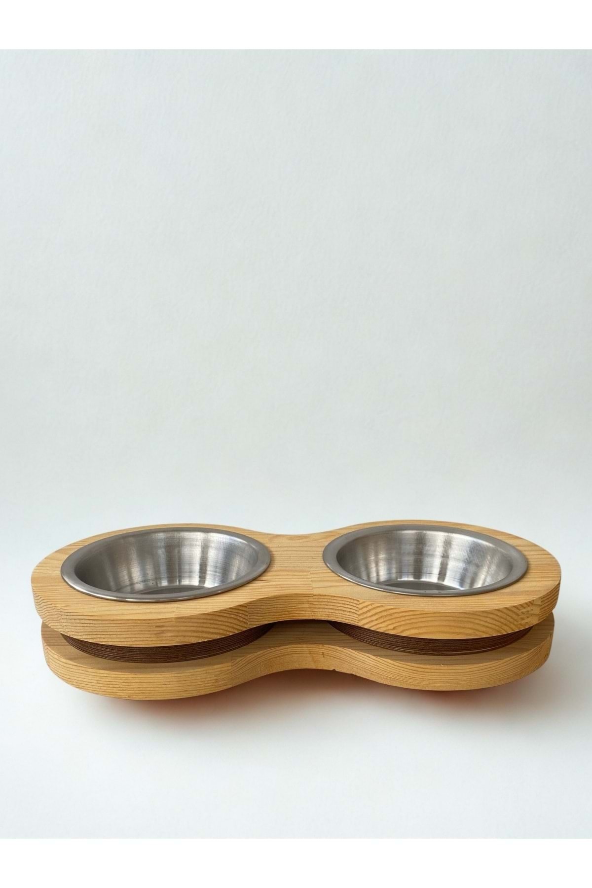 Doğal Ahşap Mama Veya Su Kabı İkili Kahve Şeritli