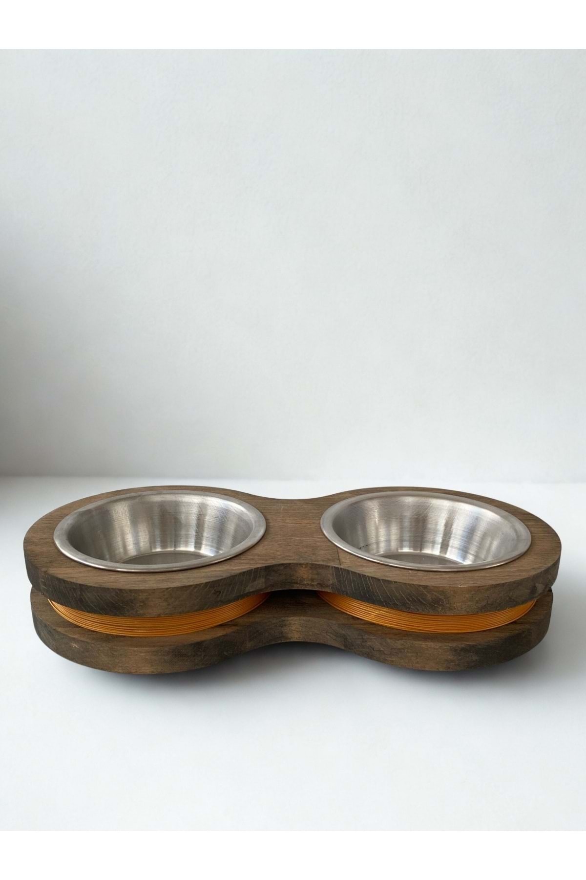 Doğal Ahşap Mama Veya Su Kabı İkili Koyu Sarı Çizgili