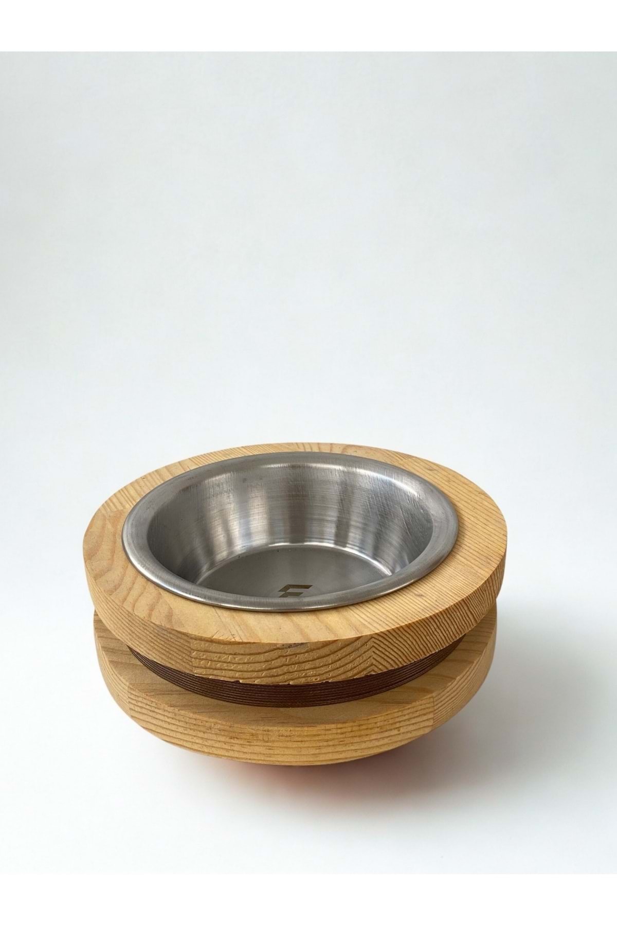 Doğal Ahşap Mama Veya Su Kabı Tekli Kahve Şeritli