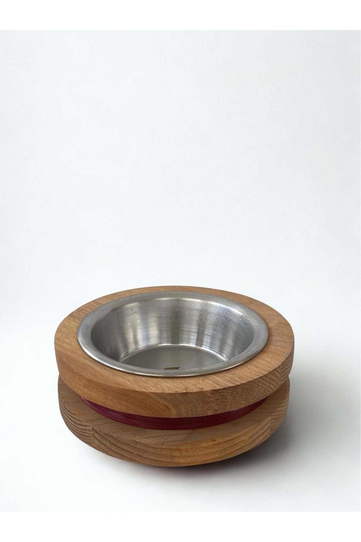 Doğal Ahşap Mama Veya Su Kabı Tekli Koyu Bordo Şeritli